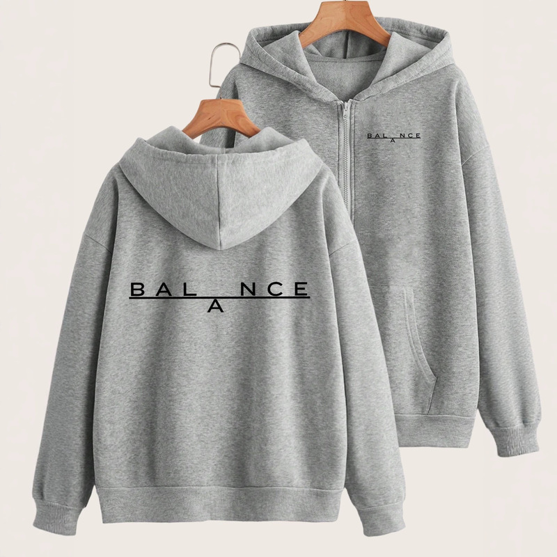 Super popular on Instagram, high street style hooded sweatshirt with staggered letter print design, minimalist loose-fitting zip-up jacket for men
