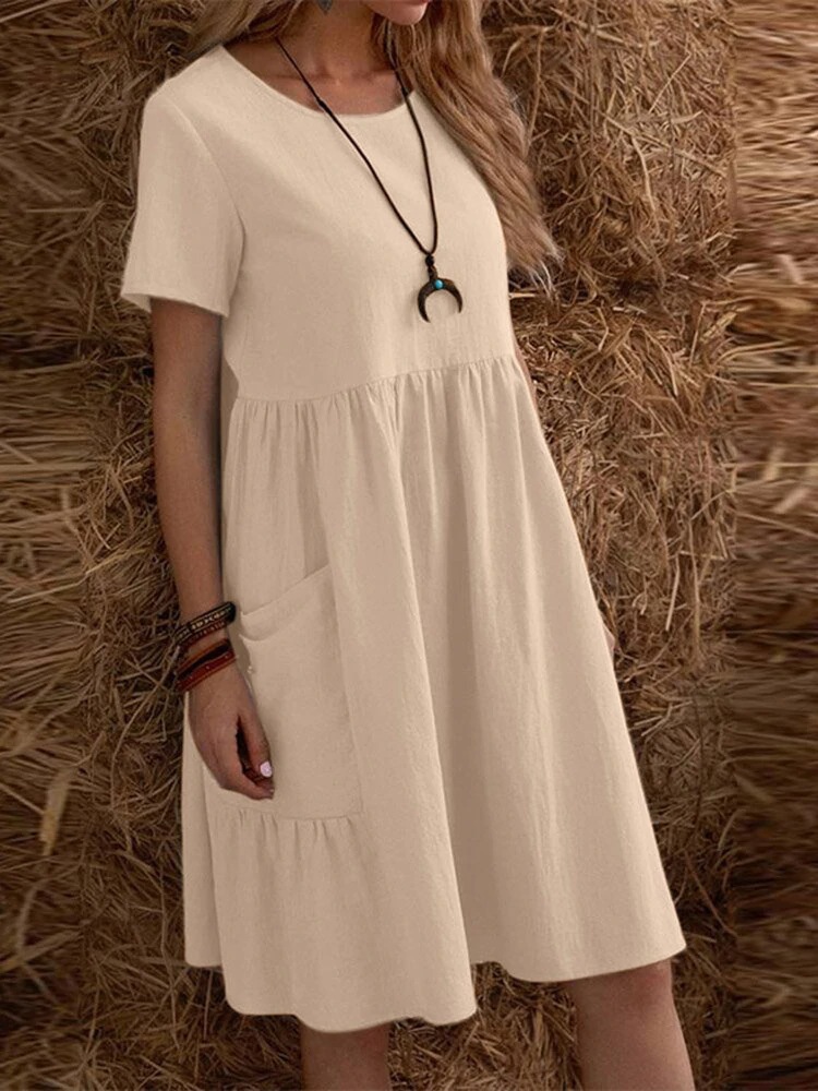 2026 Summer European And American Retro Loose Pocket Solid Color Round Neck Women's Dress_ecoleips.com