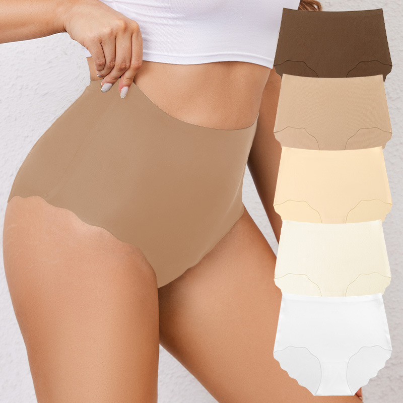 Bragas de cadera de cintura alta de Amazon transfronterizas para mujer con borde ondulado de seda de hielo sin costuras bragas de gran tamaño para mujer
