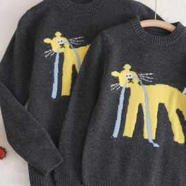 秋冬新款卡通套头100%羊毛针织衫男女童打底毛衣宝宝宽松提花上衣