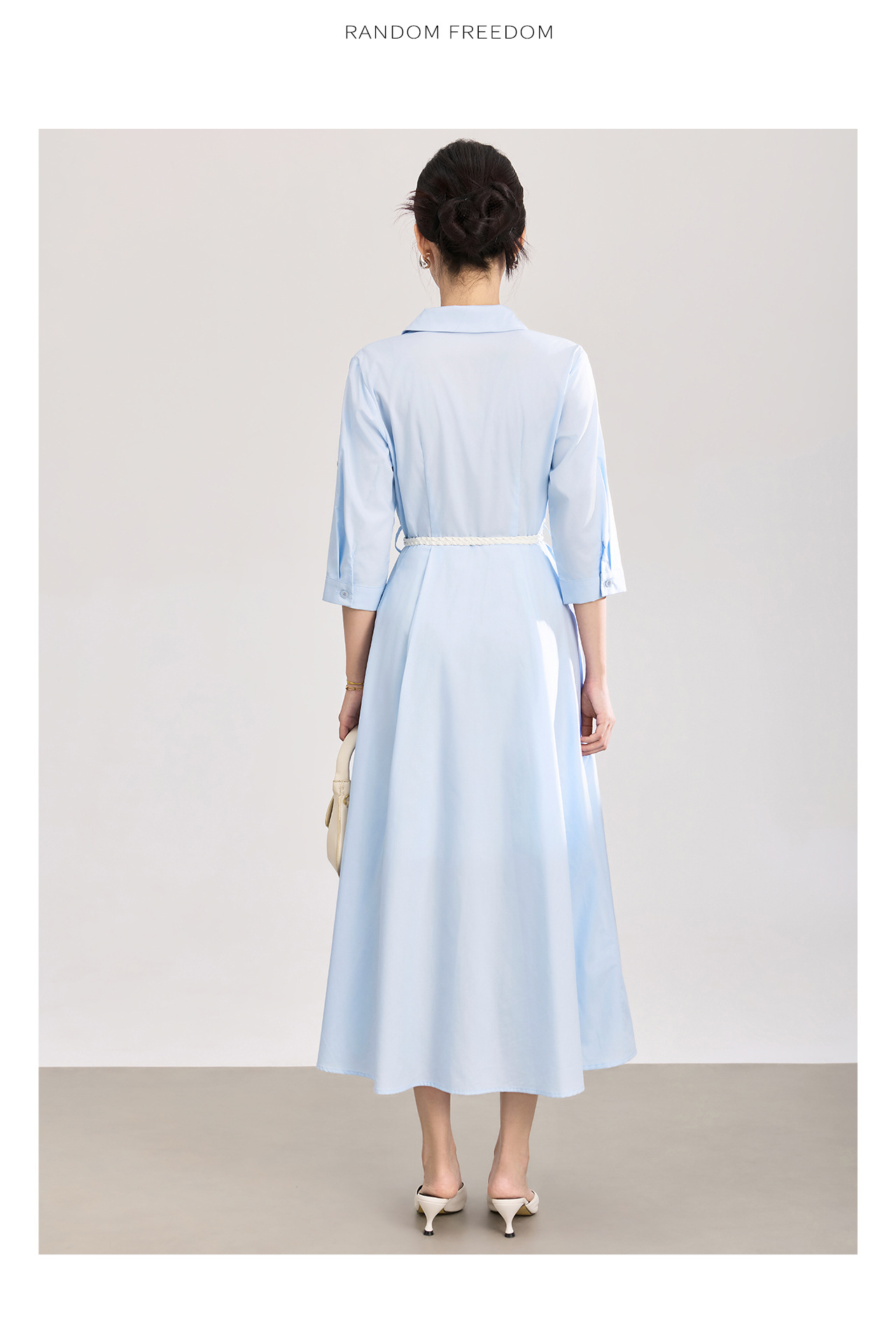 Đầm sơ mi nữ tay dài cổ ve, chất liệu tơ tằm pha cotton, dáng suông thoải mái — xanh lam chi tiết 15