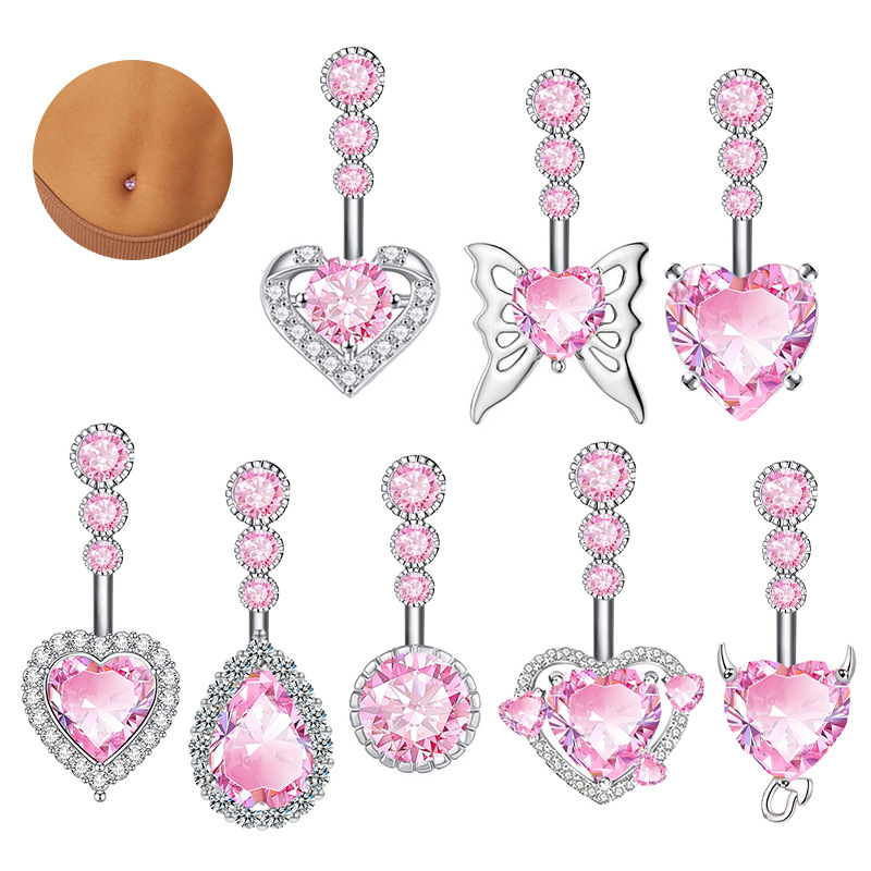 Piercing nombril papillon et cœur rose en acier inoxydable_voghion.com