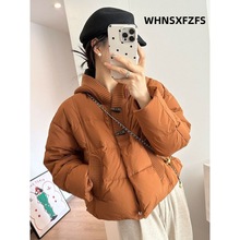 白鸭绒羽绒服女2023冬季新款针织连帽牛角扣小个子设计感短款外套