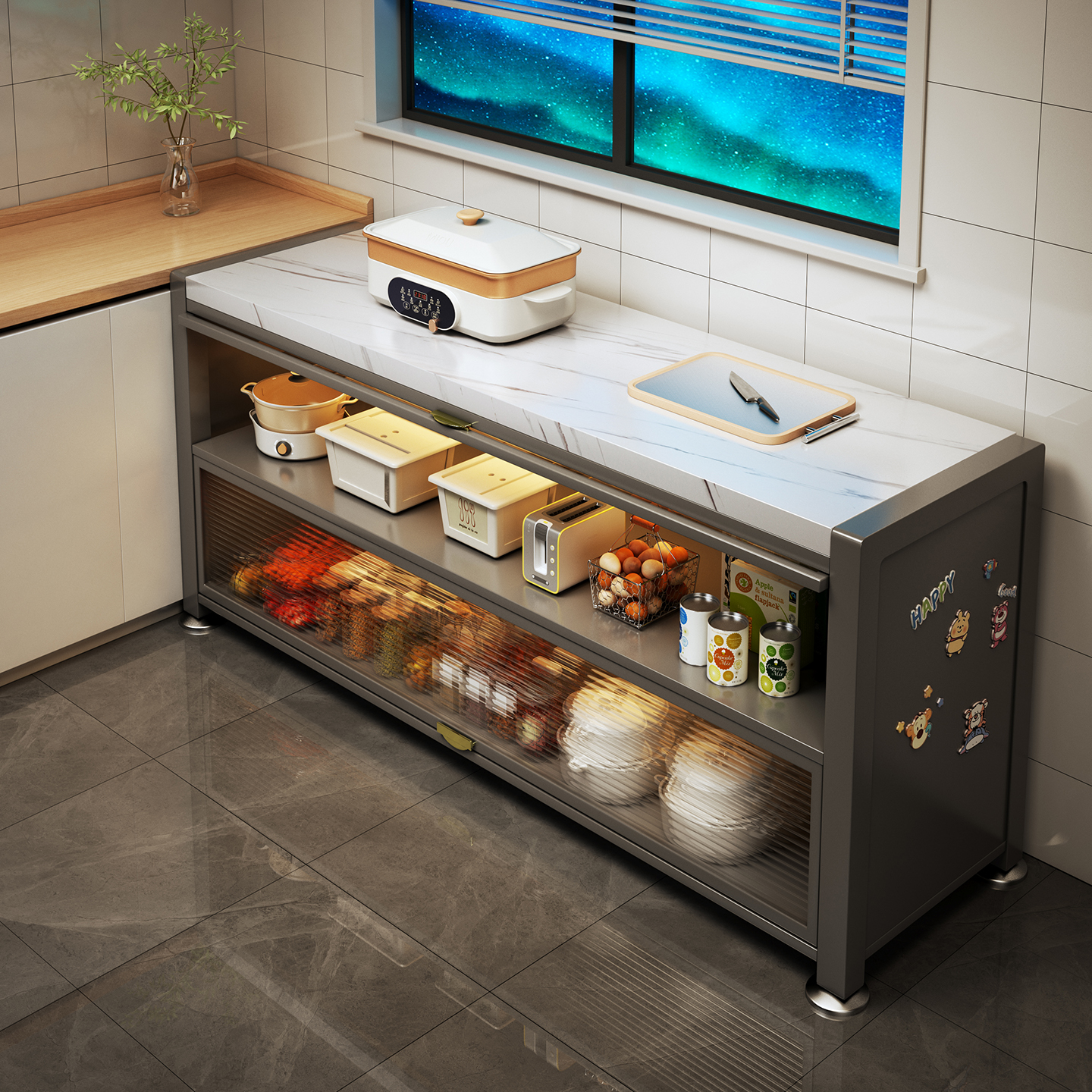 Estante de cocina piso multicapa horno de microondas armario de comedor multifuncional integrado contra la pared armario de almacenamiento de tabla de roca armario de almacenamiento