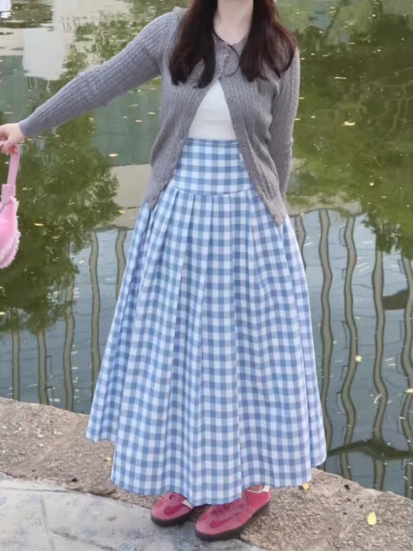 大码胖mm设计感工装粉色格子百褶半身裙女梨型身材遮胯显瘦中长裙|undefined