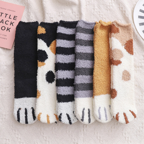 Women's mid-calf cute cat claw coral velvet floor socks confinement socks autumn and winter warm sleep socks plus velvet and thickening