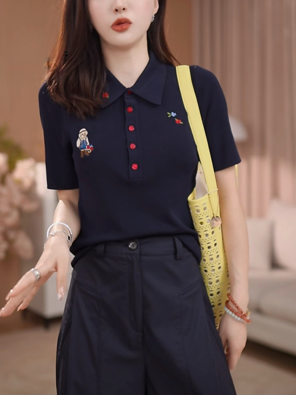 卡通小熊刺绣翻领短袖T恤女2025夏季新款休闲百搭显瘦POLO衫上衣|undefined