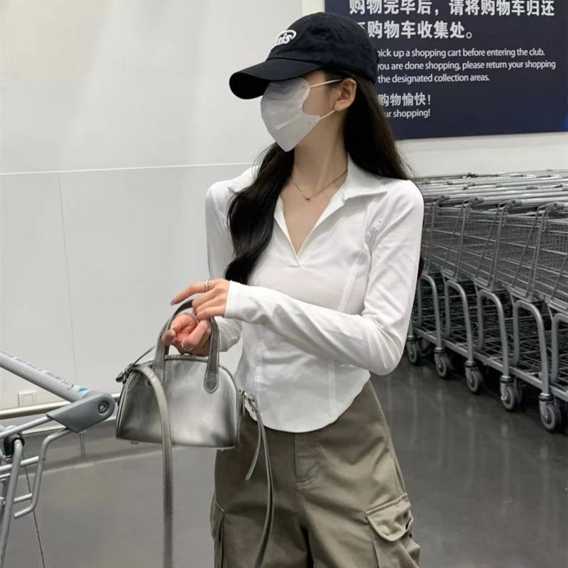 韩系气质修身正肩polo领打底长袖T恤女鱼骨设计感纯色纯欲风上衣|undefined
