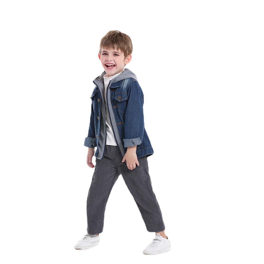 Chaqueta de mezclilla para niños coreanos otoño e invierno moda abanico cremallera de manga larga con capucha vaquero falso de dos piezas Denim coat
