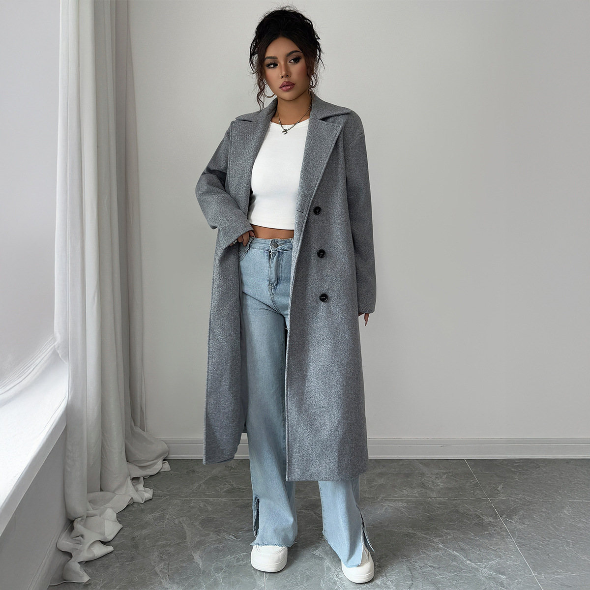 Elegant Button-Down Trench Coat For Women – Minimalist Long Coat In Soft Gray, Polyester, Office & Casual Wear_ecoleips.com