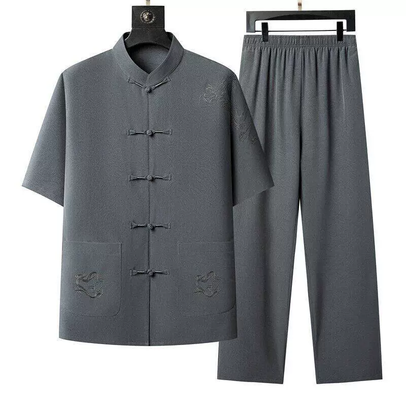 Костюм Тан для мужчин среднего и пожилого возраста, мужской костюм с короткими рукавами, летняя одежда для папы в китайском стиле, ледяной шелк, летняя одежда для дедушки для пожилых людей, тонкий стиль