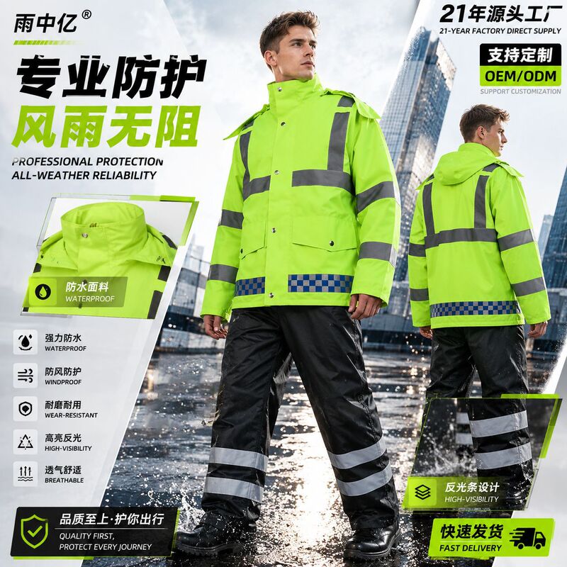 300D Oxford cloth PU reflective duty raincoat set in fluorescent color for road administration, sanitation, and traffic warning, two-piece raincoat 300D Oxford cloth PU reflective duty raincoat set in fluorescent color for road administration, sanitation, and traffic warning, two-piece raincoat