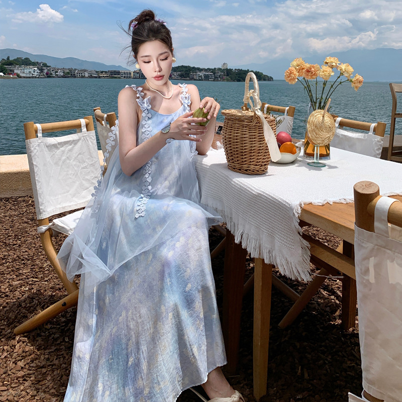 2025新款/海边度假连衣裙女晕染网纱吊带连衣裙恋夏风穿搭2025夏|undefined