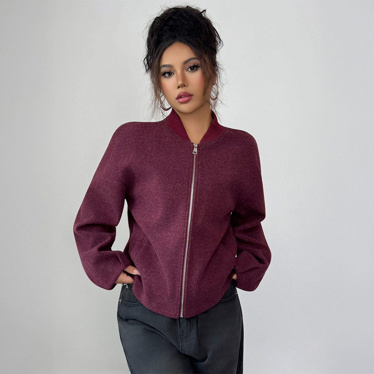 Elegant Zip-Up Long Sleeve Jacket – Polyester Wrinkle-Resistant Coat For Women (D2547010) Full-Zip Versatility_voghion.com