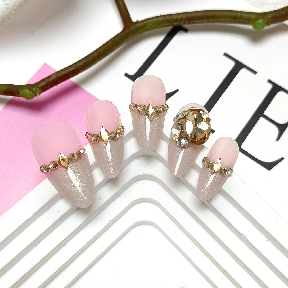 10 piezas de grandes pegatinas de uñas con incrustaciones de diamantes de moda, uñas de vestir rosa desnuda, ojos de gato, brillo, uñas hechas a mano