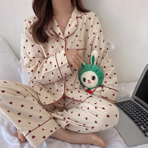 2024 Spring New Internet Celebrity Little Love Pajamas Women's Long Sleeve Cardigan Cartoon Home Clothes Set Live Delivery