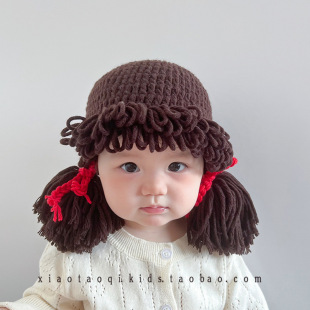 Baby Hat Autumn and Winter Cute Super Cute Baby Wig Hat Warm Ear Protection Hat Funny Hand-Knitted Braid for Girls
