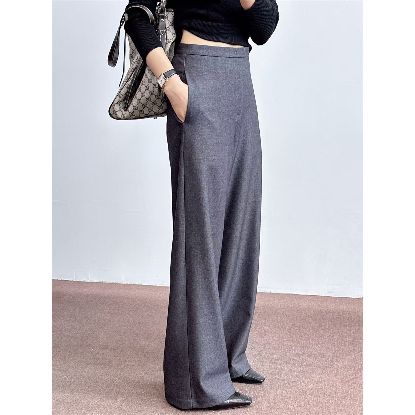 Spring and Autumn New Style Copper Ammonia Tencel Wool Wide-Leg Pants for Women, Gray High-Waisted Slimming Suit Pants, Loose Casual Pants