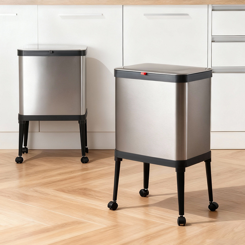 Stainless Steel Tall Trash Can with Wheels, Lid, Square Shape, for Kitchen and Bathroom, Mobile, Narrow Gap, Dual Compartment for Sorting