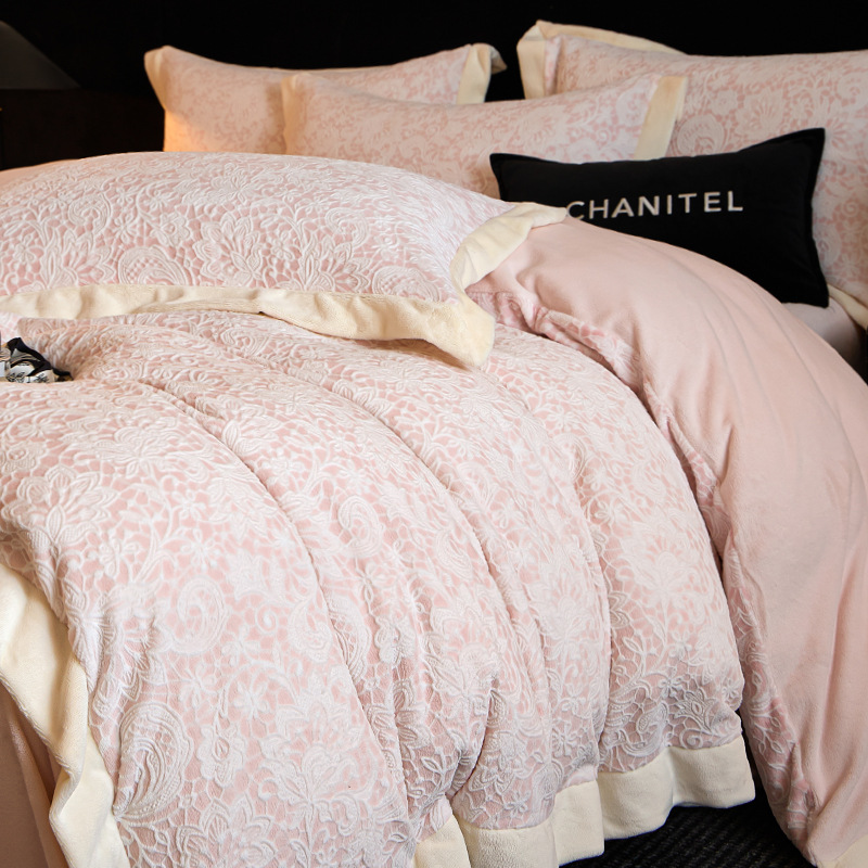 Invierno engrosado tallado leche de lana de cuatro piezas conjuntos de doble brida de lana de coral sábanas cubiertas de cama de tres piezas conjuntos de ropa de cama