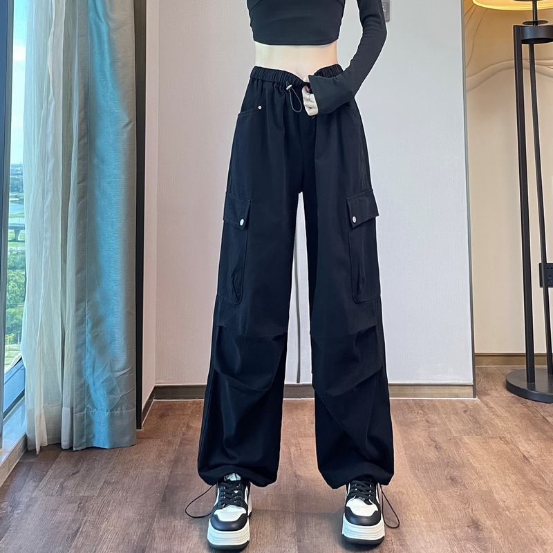 安可拉红工装裤女春秋2025新款高腰显瘦休闲宽松抽绳运动阔腿裤潮|undefined