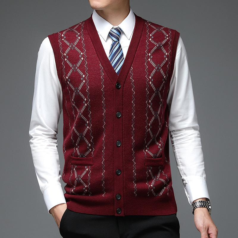 Otoño e invierno en stock azul marino de un solo pecho diario de lana sin capucha sin cuello Plaid Chaleco de piel Chaleco de los hombres