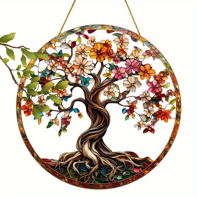 1 pieza de árbol de la vida 2D Acrílico plano jardín sol trampa, ventana de teñido colgante, hogar espiritual