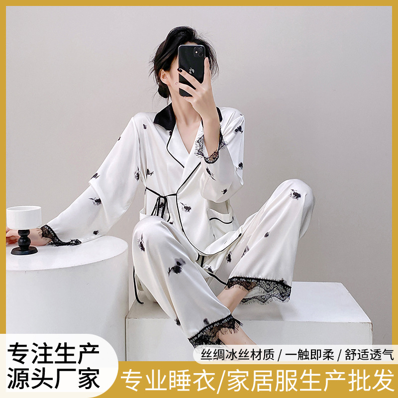 새로운 아이스 실크 여성용 잠옷 잉크 인쇄 캐주얼 긴 소매 바지 아이스 실크 의상 홈 투피스 세트