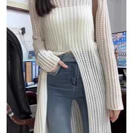 气质温柔风白色领镂空针织衫上衣春季女装新款开叉长款毛衣