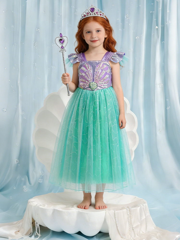 Nuevo vestido de princesa de sirena de niña con cuentas de sequilla vestido de encaje espectáculo cos服 pequeña camisa de malla de manga volante
