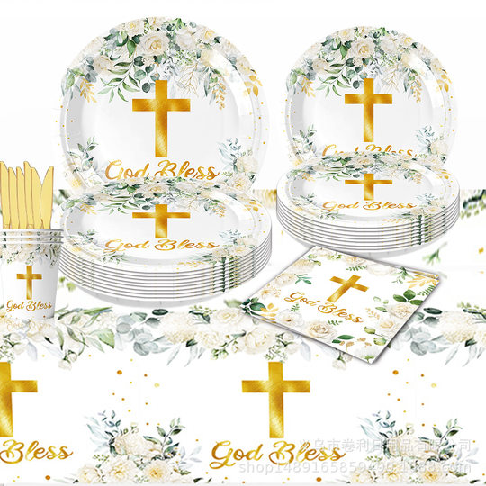 Baptism Party Supplies Blue Flower Welcoming Tableware Set Disposable Paper Plate Paper Towel Paper Cup Venue Layout Flag