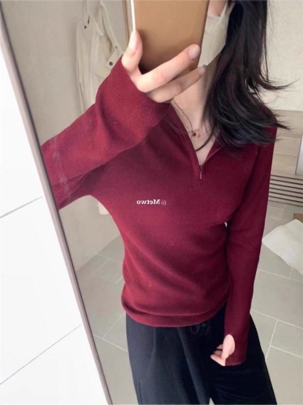 韩系温柔半拉链连帽针织衫女秋冬内搭慵懒修身打底毛衣设计感上衣|undefined