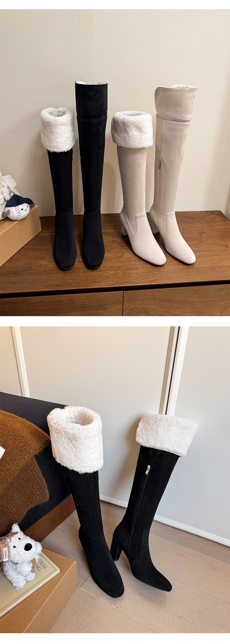 Boot nữ cổ cao ôm bắp chân lông cừu ấm, gót thô 5 cm, phong cách cưỡi ngựa — màu đen chi tiết 13
