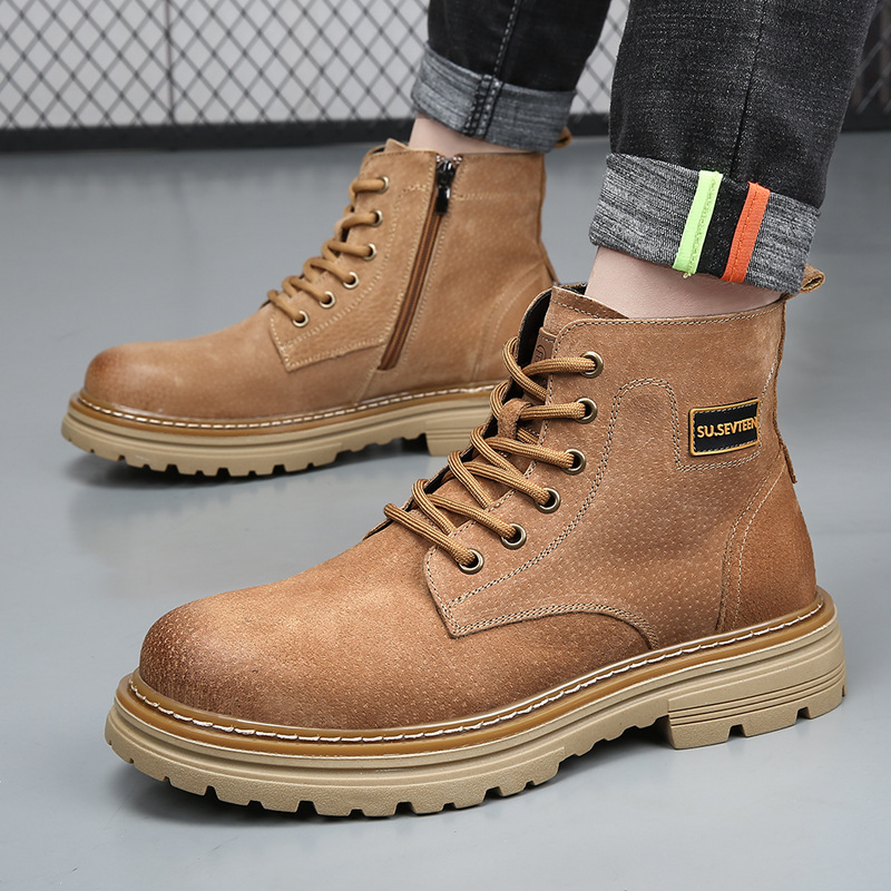 Boots Men's Genuine Leather British Style Short Boots Autumn and Winter New Trendyy Work Boots Men's High-Top Fleece-Lined Warm Leather Boots