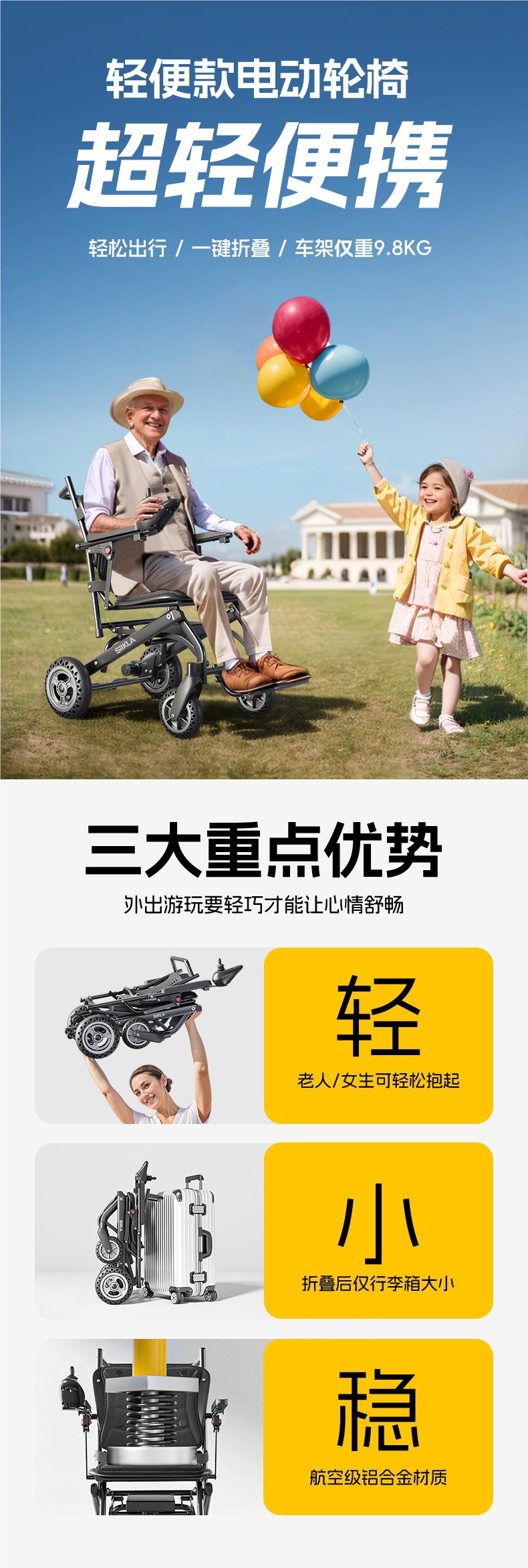 Ultra-Light Foldable Electric Wheelchair, Lightweight and Compact, Smart and Fully Automatic Portable Mobility Scooter for the Elderly