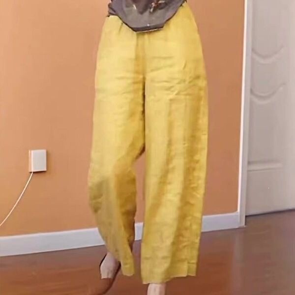 Super Stylish Minimalist Yellow Linen Pants for Summer, Versatile for Everyday Wear, Slimming Straight-Leg Casual Wide-Leg Cropped Pants