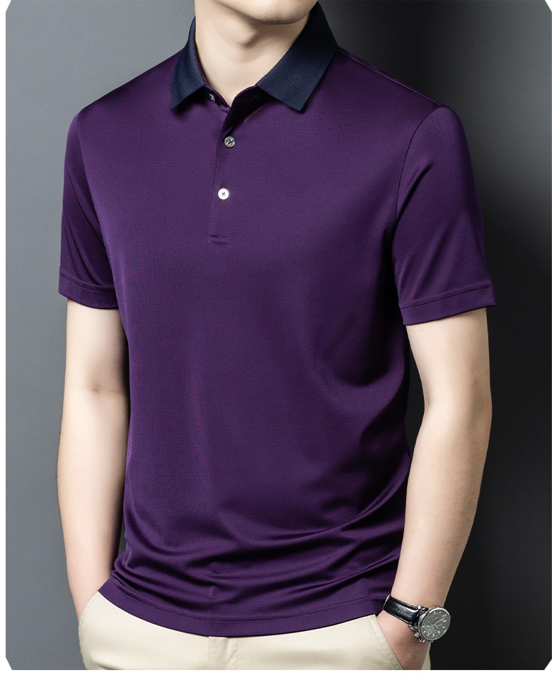 Áo polo nam tay ngắn lụa dâu tằm mỏng nhẹ, không đường may, form tay lỡ thoải mái — Màu xanh lam 25087 chi tiết 11