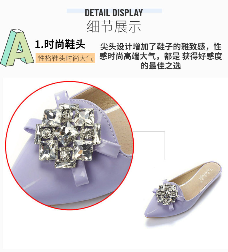 Dép sandal nữ bít mũi nhọn đính đá, đế bằng — A1-8 Màu mơ, Màu hồng A1-8, Màu tím A1-8, Màu đen A1-8 chi tiết 6