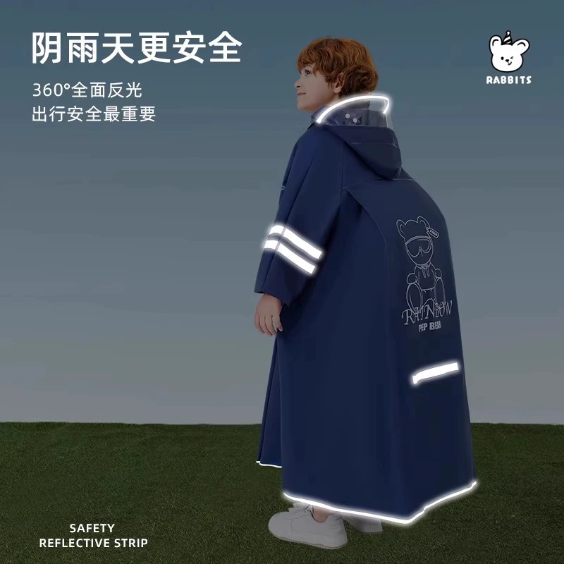 Long explosion-proof raincoat for boys, retroreflective cartoon backpack with zipper, for teenagers, increased thickness