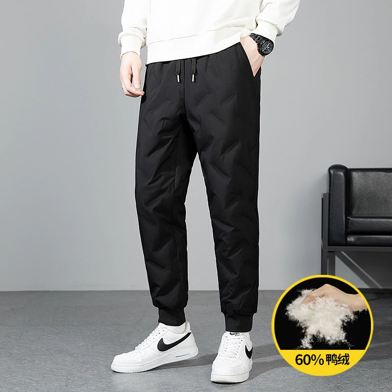 Мужские зимние пуховые брюки для активного отдыха, на флисовой подкладке, утолщенные, с наполнителем из белого утиного пуха, подходят для занятий спортом на открытом воздухе, теплые, прямого кроя, облегающие, с манжетами.