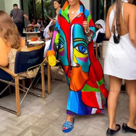 欧美跨境2026春季新款女装亚马逊宽松印花翻领纽扣衬衫连衣裙