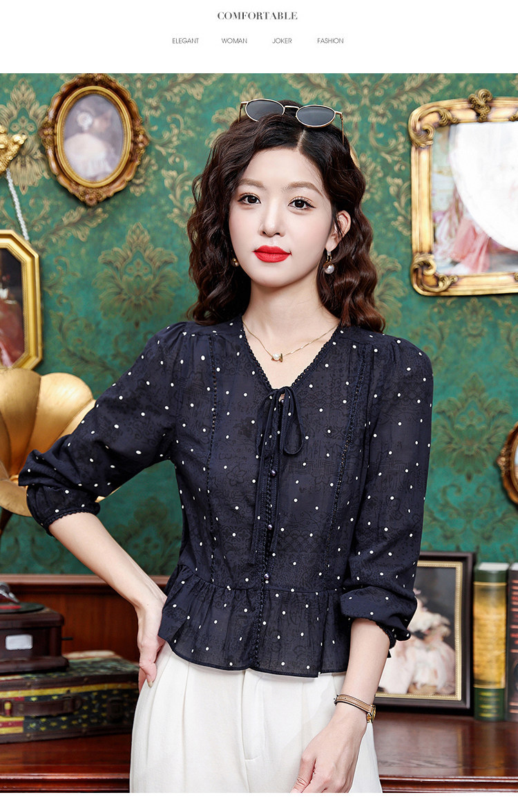 Áo sơ mi nữ tay dài cổ nơ bướm họa tiết chấm bi phong cách vintage — Xanh lông mòng đen chi tiết 11