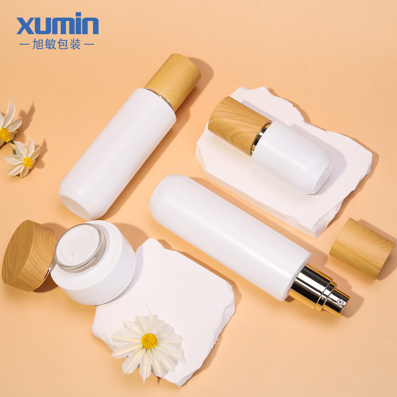 Envase cosmético conjunto de vidrio botella 50g tarro de crema blanco mate 30ml cubierta de grano de madera botella de bomba de presión 100ml botella de loción