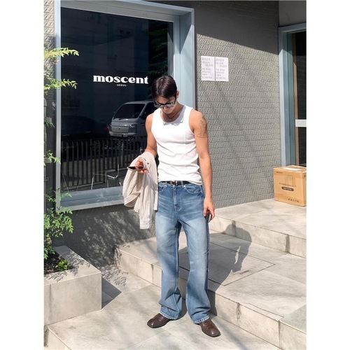White sleeveless denim shirt men's summer American casual versatile old man's shirt sports fitness textured t-shirt