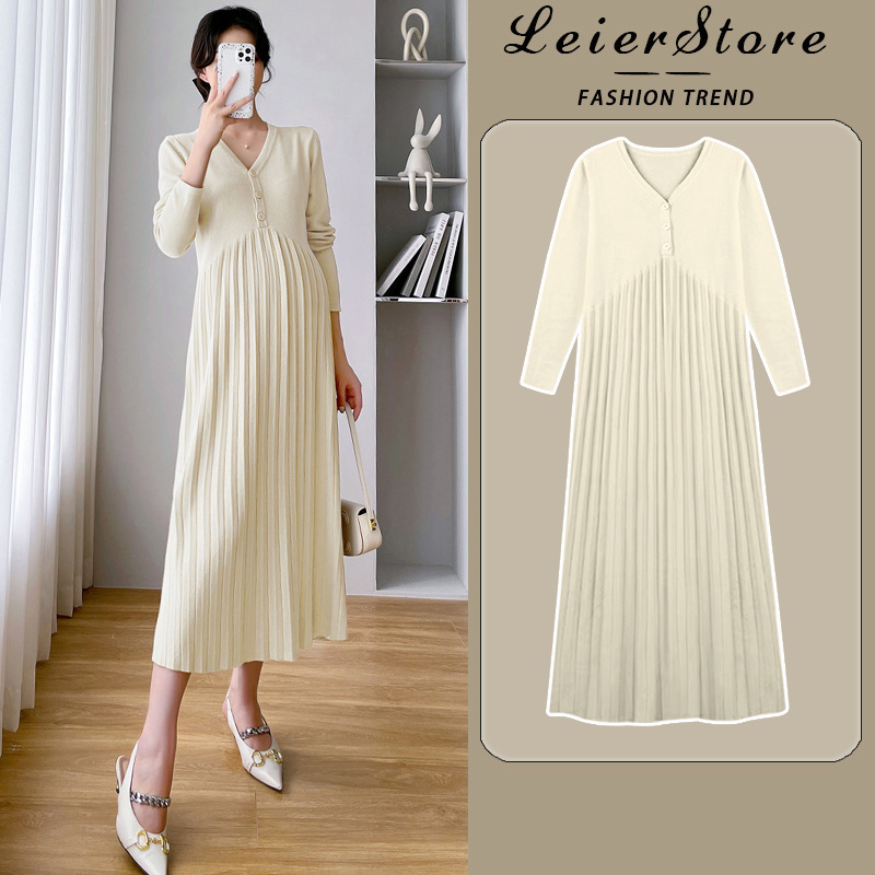 Pregnant women dress fashion trendy mom knitted apricot autumn and winter slimming 2023 new western style spring and autumn pleated dress for women