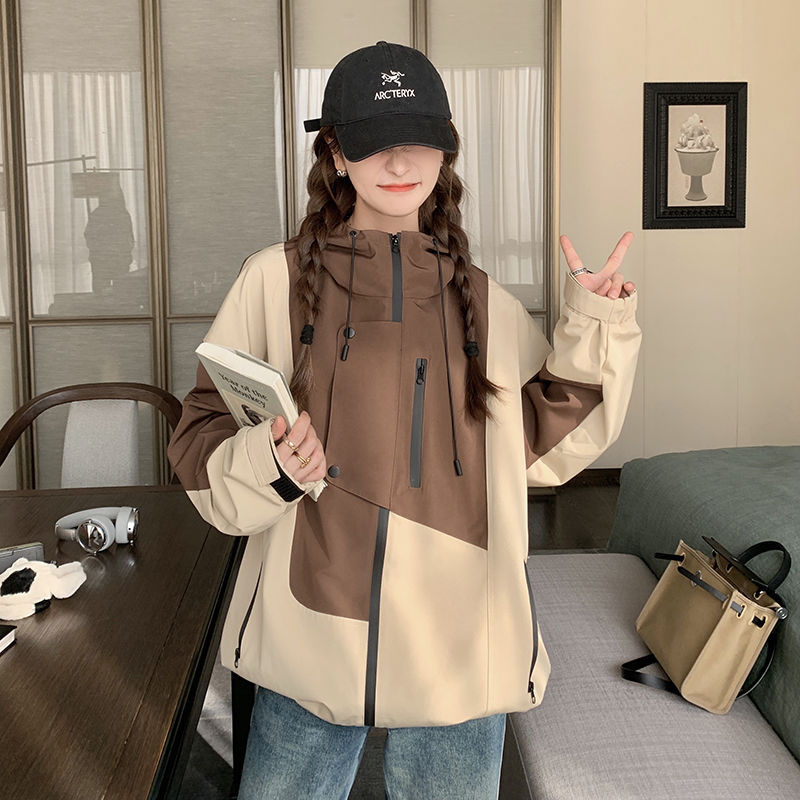 Contrast Color Jacket for Women 2025 Spring & Fall New Style Loose Casual Slimming Look Color Matching Small High Collar Hooded Design Windbreaker