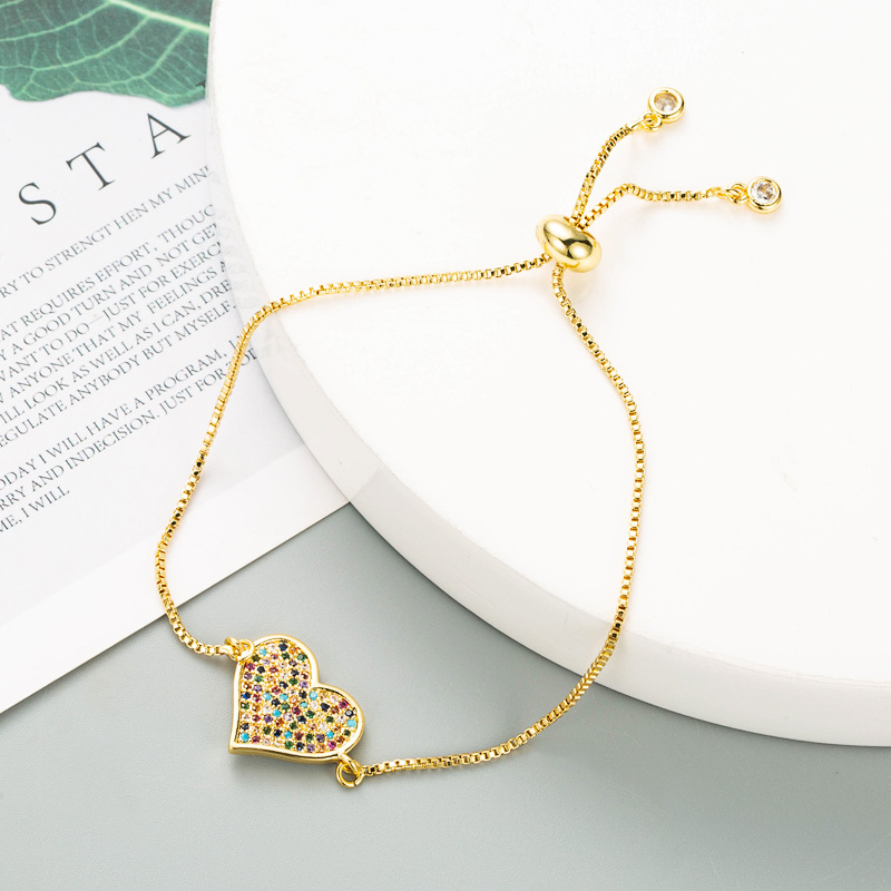 Nihaojewelry wholesale jewelry copper goldplated microinlaid zircon adjustable round heartshaped braceletpicture3