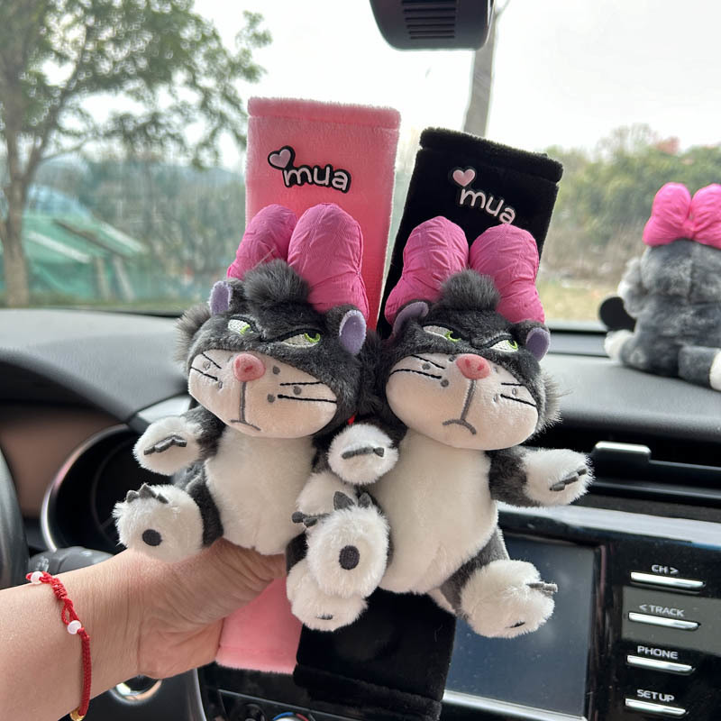 Car Seat Belt Shoulder Cover Women's Cute Pink Plush Lucifer Cat Anti-Ripper Neck Safety Belt Car Interior Decoration