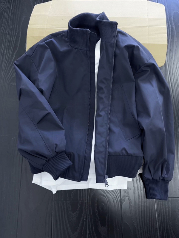 Navy Blue Stand-Up Collar Bomber Jacket Men's Winter Wear American Short Jacket Couple High Street Niche Baseball Uniform