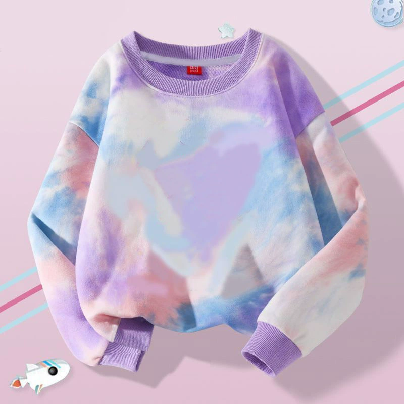 2025 Весна и осень Новая детская одежда Детские милые свитера с принтом Tie-Dye, самые подходящие для мужчин и женщин, модные детские топы с круглым вырезом